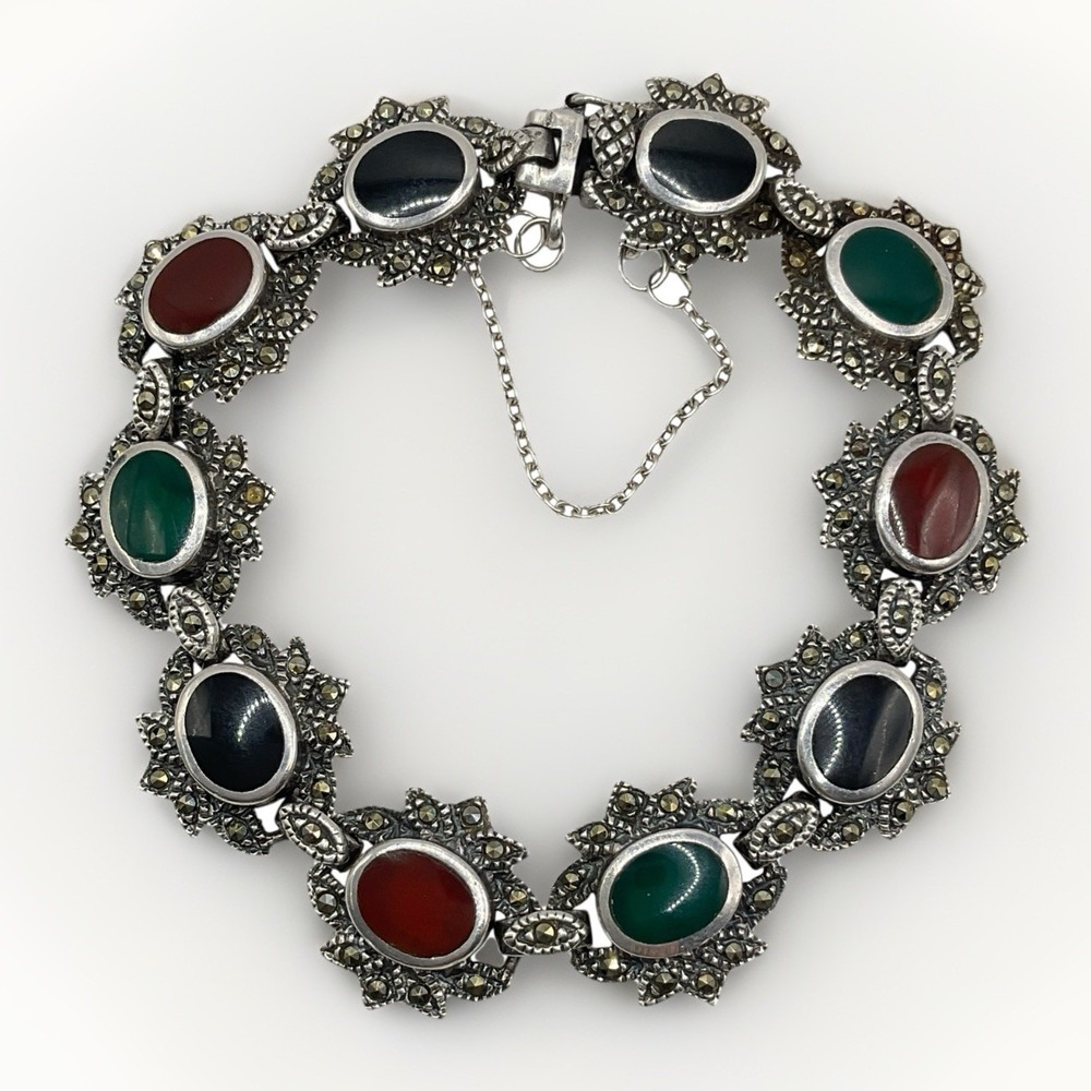 Vintage Marcasite Bracelet Sterling Silver Signed MC Marsala Art Deco Sz 6.5 26g